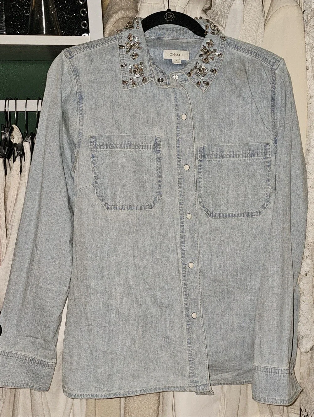 MACY'S: ON 34th Embellished-Collar Denim Shirt & Embellished Barrel-Leg Jean